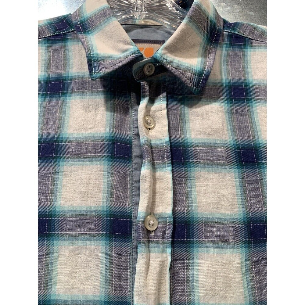 Boss Orange Hugo Boss Turn Back Cuffs S Blue/White Plaid Cotton Linen Blend - Picture 10 of 16